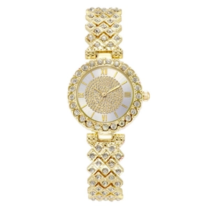 Fashionable gold-tone quartz watch for women with full rhinestone dial and diamond strap