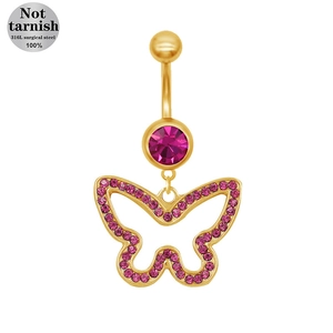 Macro detail of golden 316L surgical steel belly ring with pink butterfly pendant