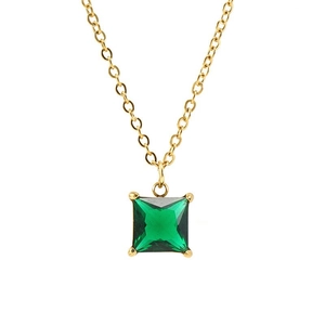 Gold titanium steel necklace featuring a square-cut emerald green zircon pendant