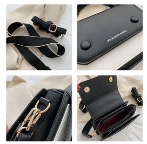 Detail of black patchwork shoulder bag showing dual straps and interior compartments