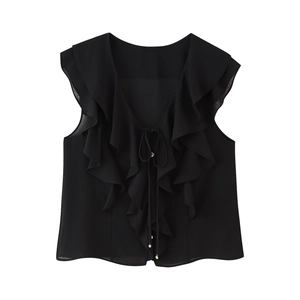 Elegant black sleeveless V-neck shirt with layered ruffles and delicate lace-up detailing