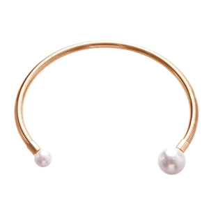 Minimalist gold metal open choker necklace featuring two white faux pearls on a white background