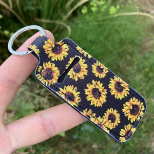 Lipstick holder keychain with leopard and sunflower print on neoprene fabric