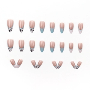 French almond fake nails with zebra print and blue tips in 24-piece press-on set