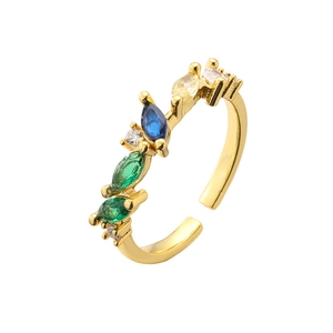 Luxury gold plated open ring with green zircon heart stones and colorful crystals