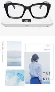 Detailed view of lightweight black square eyeglasses weighing 20g on a digital scale
