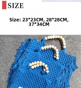 Blue woven crossbody bag with wooden bead handle and fringe in multiple sizes