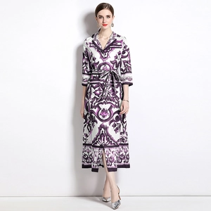 Violet floral print midi dress with lapel collar and waist belt in a loose fit