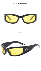 Detail view of Y2K wraparound sunglasses with yellow lenses and silver crescent logo