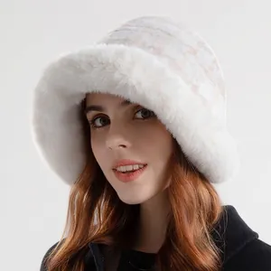 Winter plush checkerboard bucket hat for women in white faux fur for cold protection