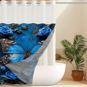 Detail of blue butterfly and floral rose print on waterproof fabric shower curtain