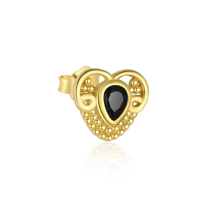 Detail of s925 silver heart earring with black pear-cut zircon and gold filigree finish