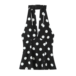 Haut Dos Nu À Pois Pour Femmes Sexy Col En V Sans Manches Polyester Blouse À Basques Rétro Vintage Été Chemise Dos Nu