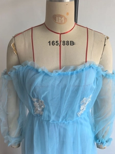 Detail des hellblauen Mesh-Abendkleids mit weißen floralen Spitzenapplikationen am Mieder