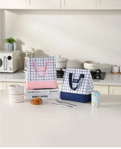 Detail of plaid thermal lunch bags in pink and blue patterns with top handles