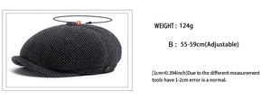 Classic herringbone newsboy hat with adjustable size 55-59cm and metal logo detail