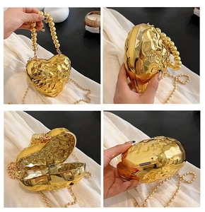 Detailed views of gold heart evening bag with hammer texture and beaded handle