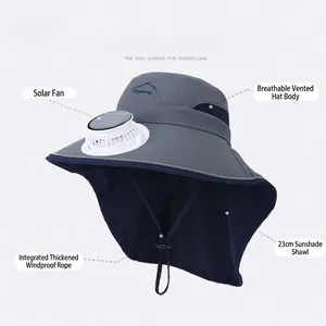 Kids solar fan sun hat with wide brim, protective neck flap and adjustable wind rope