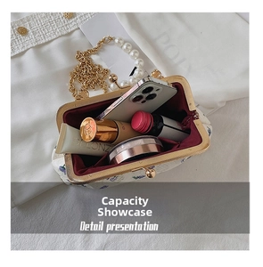 Detail view of the shell bag interior capacity showing phone, lipstick and powder