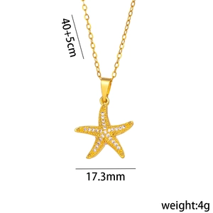 Gold starfish pendant necklace with zircon crystals and pearls, 40+5cm length, 4g weight