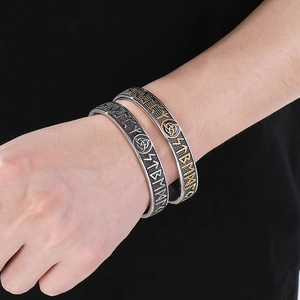 Men's Viking rune stainless steel C-shape cuff bracelet in gold and silver finish
