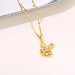 Sparkling gold rabbit pendant necklace for women with clear zircon stone settings