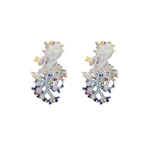Floral beaded tassel stud earrings with blue flowers and colorful iridescent petals
