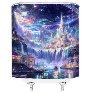 Detail view of fantasy castle digital print on waterproof polyester fabric shower curtain