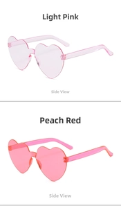 Side view of heart-shaped rimless sunglasses in light pink and peach red colors