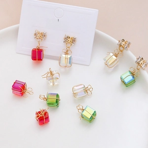 Handcrafted colorful crystal gift box pendants with gold wire wrapping for DIY jewelry