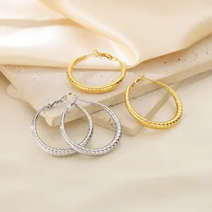 Large Hoop Earrings Stainless Steel 18K Gold Plated Grooved Ribbed Texture Round Minimalist Fashion For Women