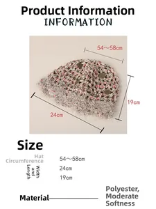 Guide des tailles du bonnet tissé montrant les dimensions 24x19cm et le matériau