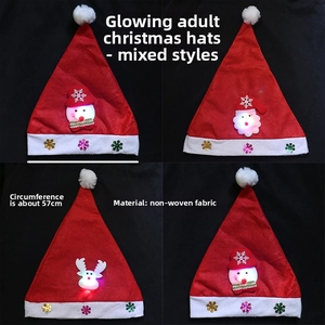 Detail of LED Christmas hats featuring cartoon elk, snowman, and Santa Claus patterns