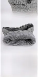 Close-up of thick grey plush lining and knit texture on winter hood and neck warmer