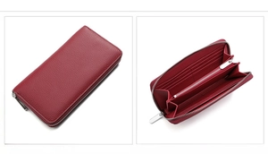 Detail view of the burgundy pebbled leather wallet showing internal card slots and zip pocket