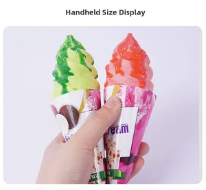 Handheld size display of mini PU ice cream cones in pink and green colors