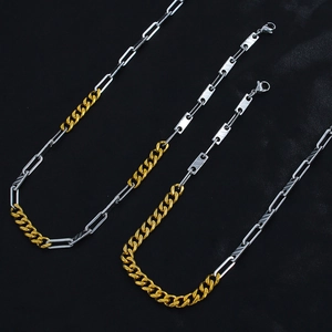 Three-piece set of two-tone Cuban and paperclip chain necklaces in gold and silver