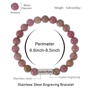 Pink Zebra Stone beaded stainless steel bracelet with custom laser engraving detail