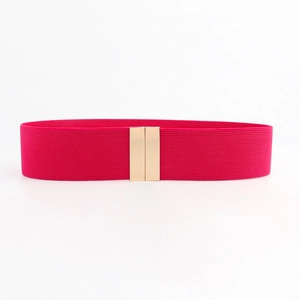 Close-up of rose red elastic waist belt featuring a polished gold metal buckle