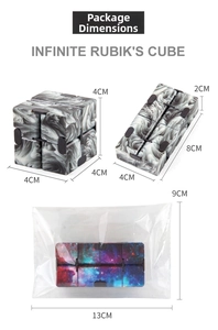 Infinity Cube dimensions showing 4x4x4cm folded and 8x4x2cm unfolded sizes in star pattern