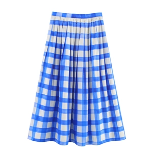 Gonna Midi Pieghettata A Quadri Vita Alta Blu Bianco Poliestere Casual Streetwear Elegante Moda Donna