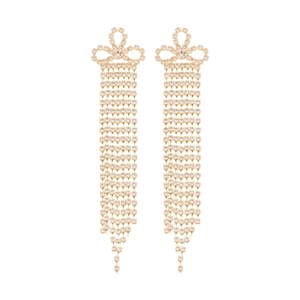 Elegant long gold tassel earrings with rhinestone bow design for a luxury aesthetic style