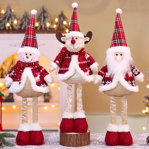 Three Christmas plush dolls with extendable legs and red plaid hats for holiday decor
