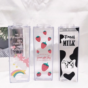 Three creative square milk box water bottles with unicorn, strawberry and cow patterns