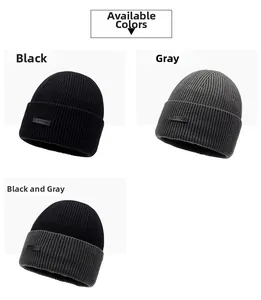 Detailed knit texture and logo patch of beanies in black, dark grey, and mixed grey