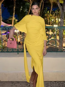 Sexy Rückenfreies Maxikleid Damen Polyester Elasthan Asymmetrisch Geraffte Taille Langarm Abendparty Kleid