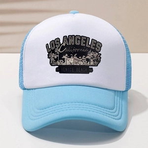 Detailed front view of a blue and white trucker hat featuring a Los Angeles graphic