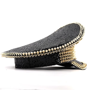 Sparkly black sequin captain hat with gold spikes for festival parties and stage performance
