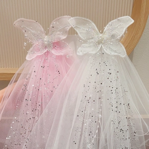 Kids Girls Hair Clips With Long Tulle Veil Butterfly Lace Mesh Sequin Faux Artificial Pearl Wedding Flower Girl Princess Fairy
