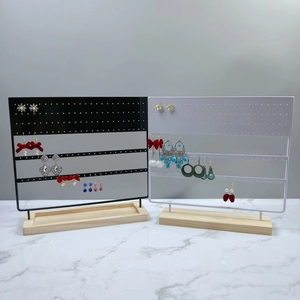 Dual earring organizers with metal mesh and wooden base in black and white finish